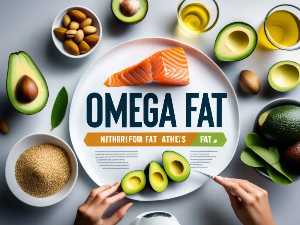 Una nutricionista profesional destaca la importancia de las grasas saludables en la dieta de un deportista, con énfasis en omega-3 y omega-6. Utiliza recursos visuales modernos para ilustrar los beneficios de estas grasas, creando una atmósfera educativa y profesional.