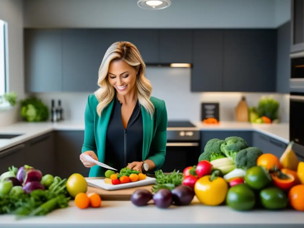 Un nutricionista profesional prepara un plan alimenticio personalizado para atletas dedicados en una cocina moderna, resaltando la importancia de la nutrición en el rendimiento deportivo.