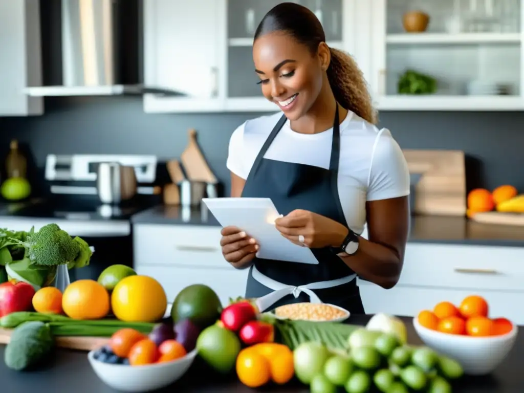 Un nutricionista profesional elabora un plan de comidas balanceado para atletas en una cocina moderna. Errores en la Nutrición Deportiva.