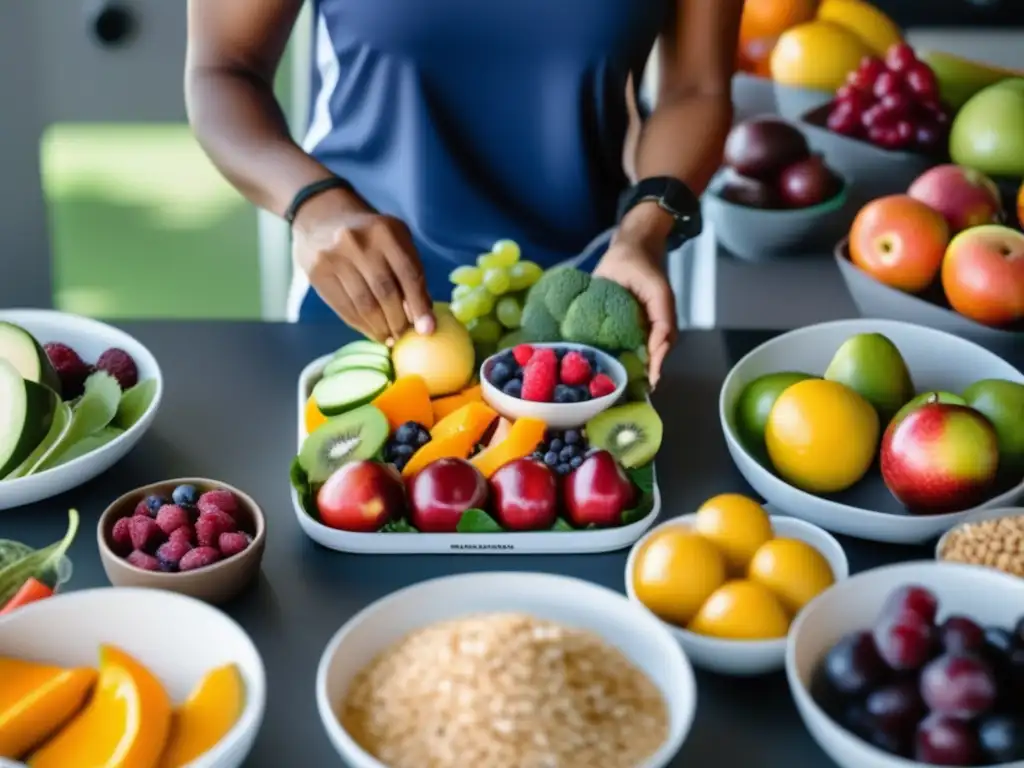 Un nutricionista profesional elabora un plan de comidas para atletas en competiciones, rodeado de alimentos frescos y coloridos. La imagen transmite la importancia de la nutrición en los viajes y el rendimiento deportivo.