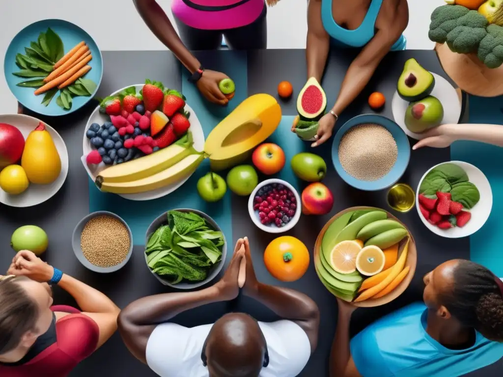 Un nutricionista presenta una variedad de alimentos a atletas. <b>Ambiente moderno y enfocado.</b> 'Dietas de moda en el deporte'