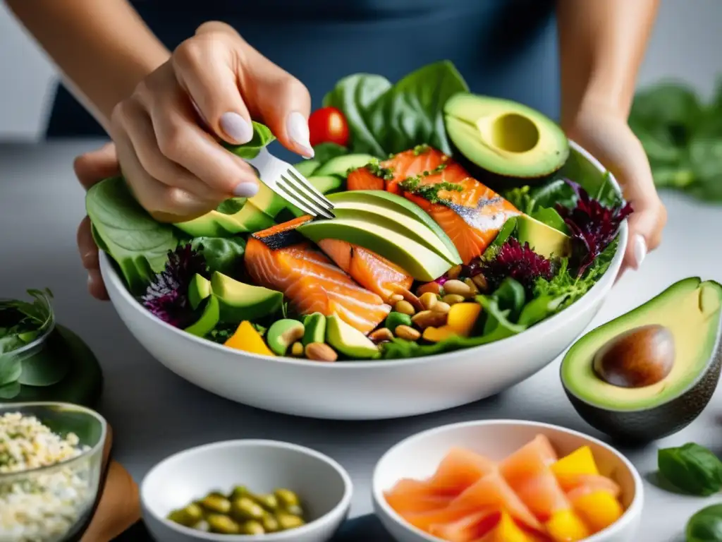 Una nutricionista prepara una vibrante ensalada rica en omega 3, destacando los beneficios salud cardiovascular ácidos grasos omega 3.