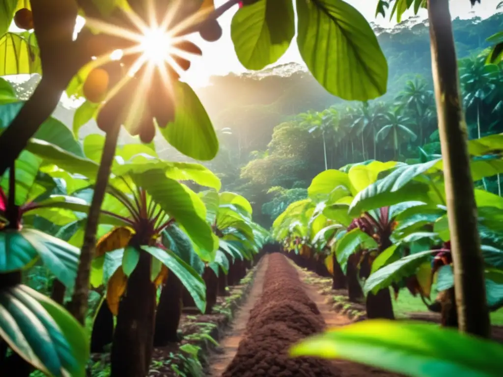 Un oasis de cacao ético en la selva tropical, con agricultores sostenibles recolectando frutos maduros. <b>Ética chocolate golosina sostenible.