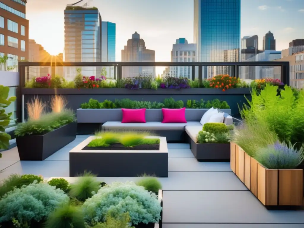 Jardín urbano de ensueño: oasis moderno entre rascacielos Un oasis de huertos en azoteas urbanas, con plantas exuberantes y flores coloridas entre edificios modernos en la ciudad.
