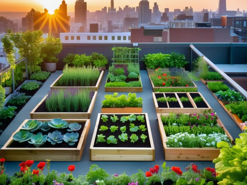 Un oasis sostenible entre rascacielos, con hortalizas y flores bajo el sol. Beneficios ambientales de la agricultura urbana
