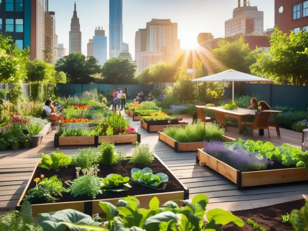Un oasis urbano de huertos orgánicos ciudad, con vegetales coloridos y gente compartiendo. <b>La luz del sol filtra entre las hojas verdes.