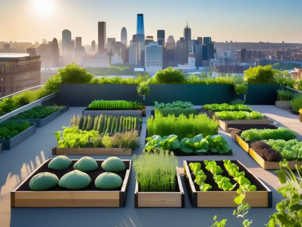 Un oasis verde en la ciudad, huertos urbanos sostenibles alimentación, sol cálido y abejas entre las flores.