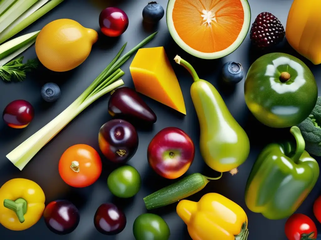 Una obra de arte culinaria con frutas y verduras frescas en una encimera de cocina moderna. <b>Estrategias personalizadas alimentación obesidad IA.