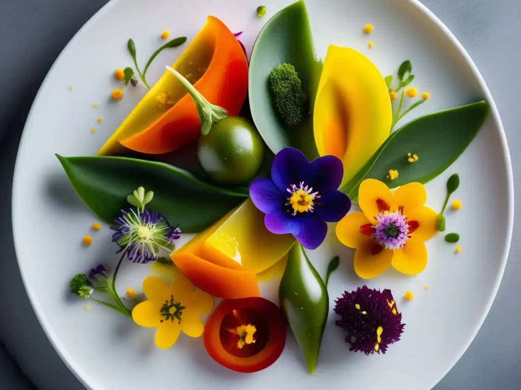 Una obra de arte culinaria con vegetales vibrantes y coloridos, preparados con detalle en un plato blanco. <b>Recetas para vida saludable emocional.