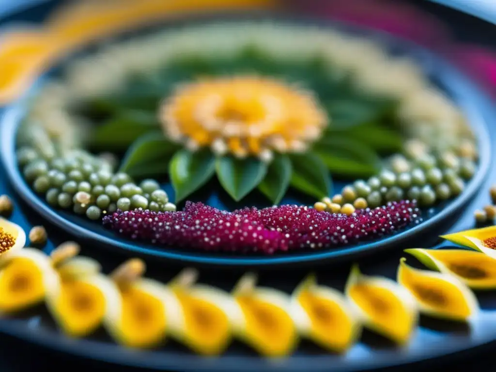 Una obra de arte en semillas ancestrales con beneficios nutricionales, brillantes y coloridas en un mandala sobre cerámica negra mate.