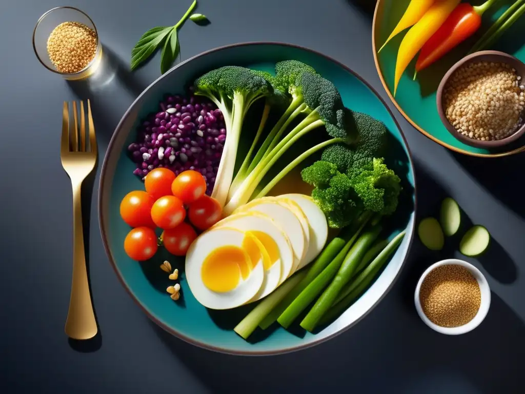 Una obra maestra culinaria: dieta personalizada para intolerancias alimentarias. Variedad de colores y texturas evocan frescura y salud.