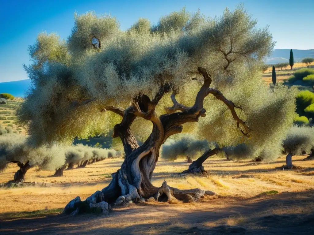 Un olivar exuberante y bañado por el sol en el paisaje mediterráneo, evocando los beneficios del aceite de oliva en la dieta mediterránea.