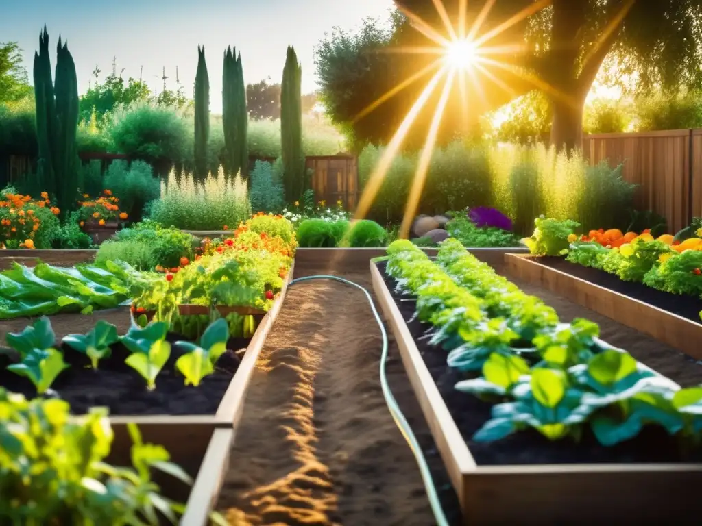 Hermoso huerto orgánico con moderno sistema de riego Un jardín orgánico exuberante con sistemas de riego sostenibles, resaltando la belleza y funcionalidad de la agricultura sostenible.