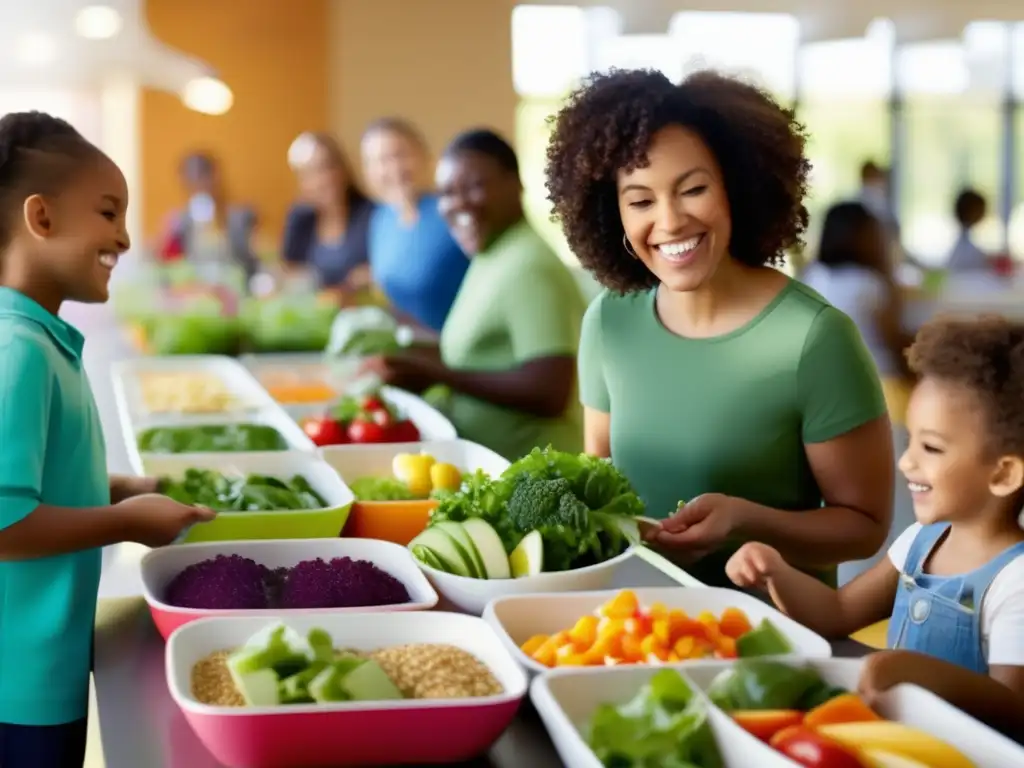 Padres y niños disfrutan de un bar de ensaladas colorido en la cafetería de la escuela, promoviendo comidas saludables en escuelas.