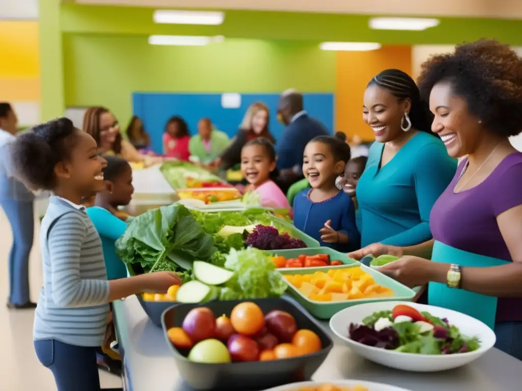 Padres y niños disfrutan de una colorida barra de ensaladas en la cafetería de la escuela, promoviendo comidas saludables en escuelas.