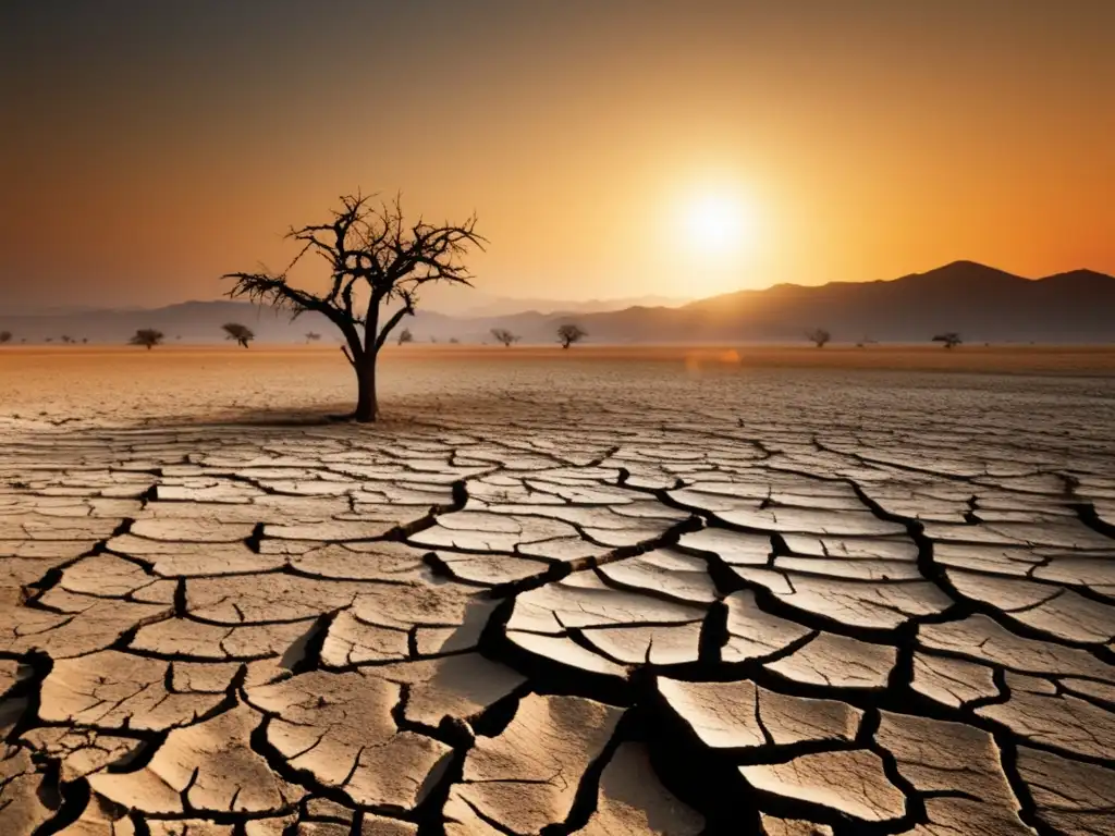 Un paisaje árido bajo un sol abrasador revela el efecto del calentamiento global en nutrientes, con un árbol marchito como símbolo.