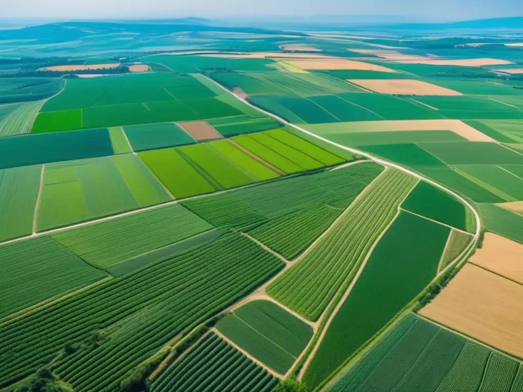 Un paisaje agrícola ético y sostenible, con cultivos verdes y trabajadores, junto a un moderno centro de procesamiento.