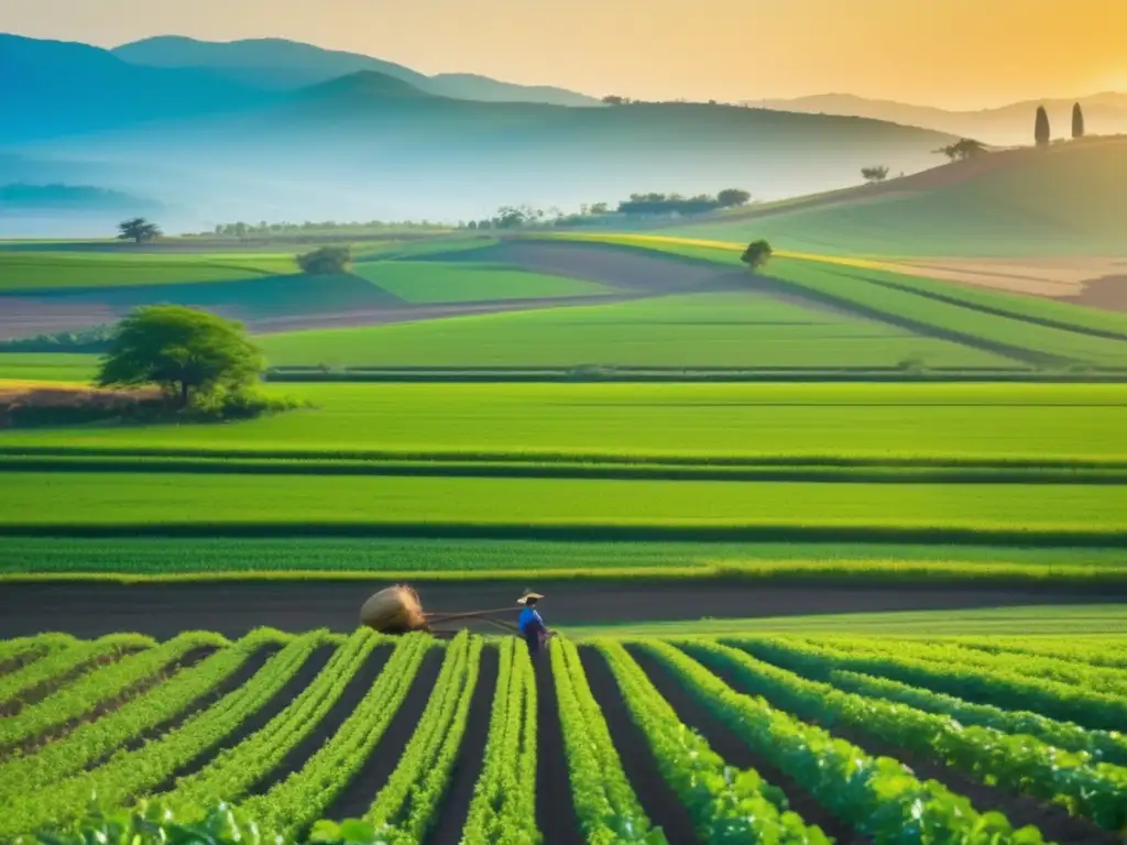 Un paisaje agrícola exuberante y vibrante bajo un cielo azul claro. <b>Un agricultor atiende los cultivos, mostrando los principios de agricultura sostenible.