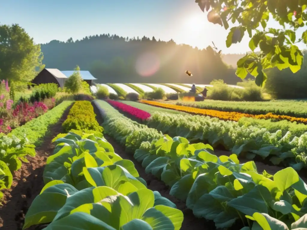 Un paisaje de granja policultural exuberante y diverso, con cultivos coloridos entrelazados, mostrando la naturaleza vibrante y abundante de la agricultura sostenible. La luz del sol filtra a través de las hojas de las plantas, proyectando sombras moteadas en el suelo fértil.