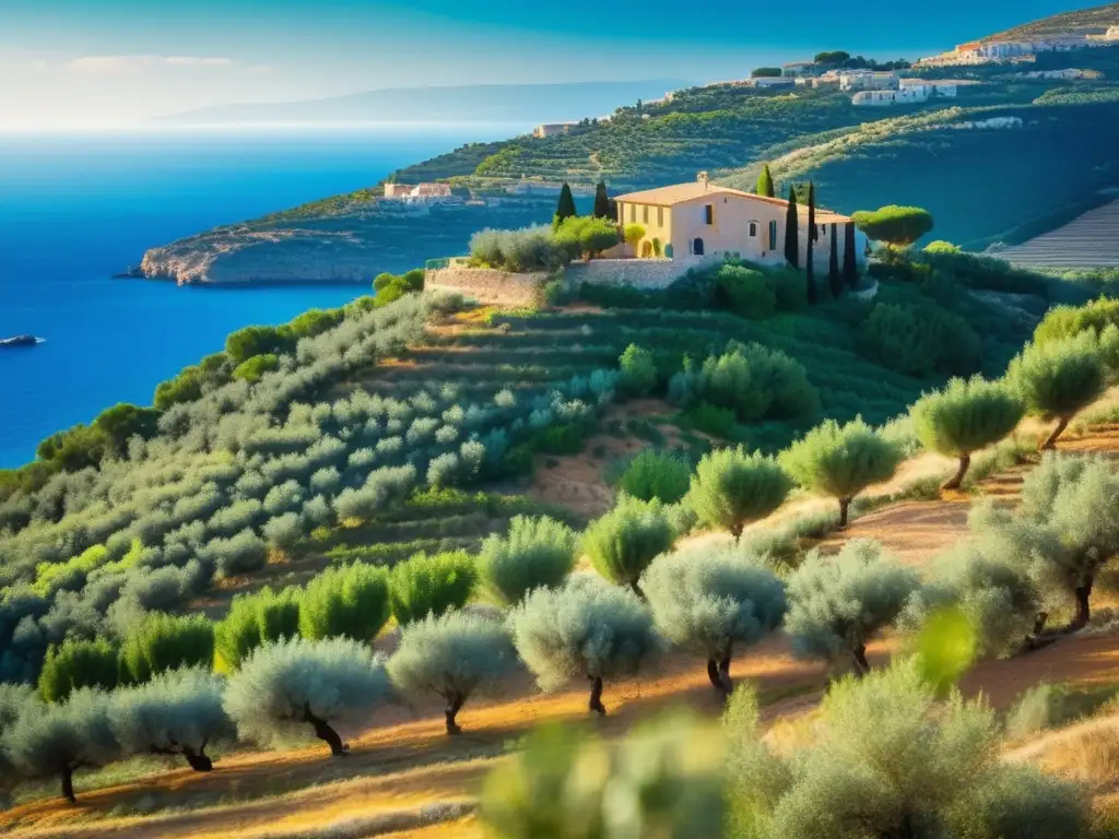 Un paisaje mediterráneo exuberante y vibrante, con olivares en terrazas bañados por el sol, que evoca la belleza natural y la sostenibilidad de la dieta mediterránea.
