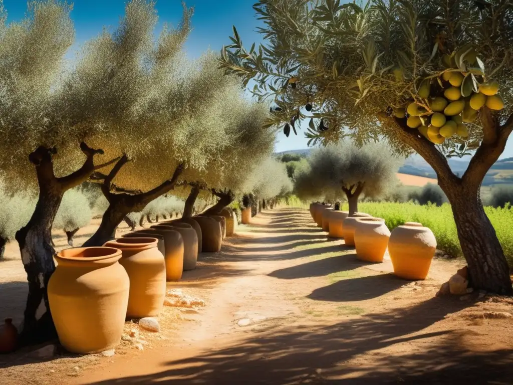 Un paisaje de olivar mediterráneo, con luz filtrada entre ramas y sombras. <b>Antigua prensa de oliva y jarras de terracota.</b> <b>La esencia de la producción de aceite de oliva.