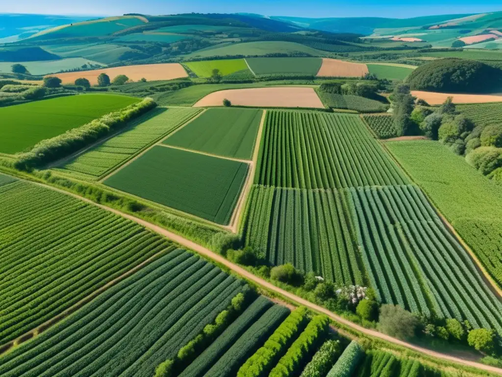 Un paraíso de agricultura orgánica sin químicos: campos verdes, frutas coloridas y granjas sostenibles bajo cielos azules.