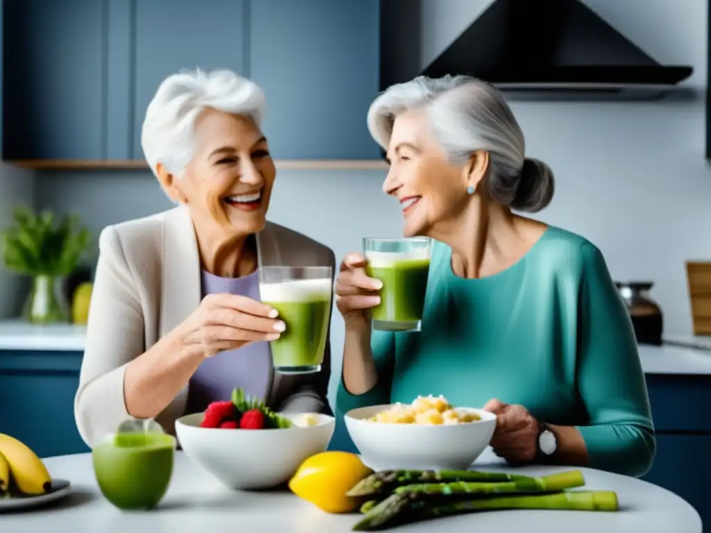 Una pareja de ancianos disfruta de alimentos prebióticos y probióticos en una cocina moderna, transmitiendo vitalidad y bienestar. <b>Beneficios prebióticos y probióticos tercera edad.