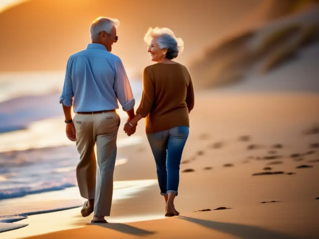 Una pareja mayor camina de la mano en una playa al atardecer, irradiando alegría y serenidad. El ambiente es cálido y relajante, perfecto para la salud cardiaca de los mayores.