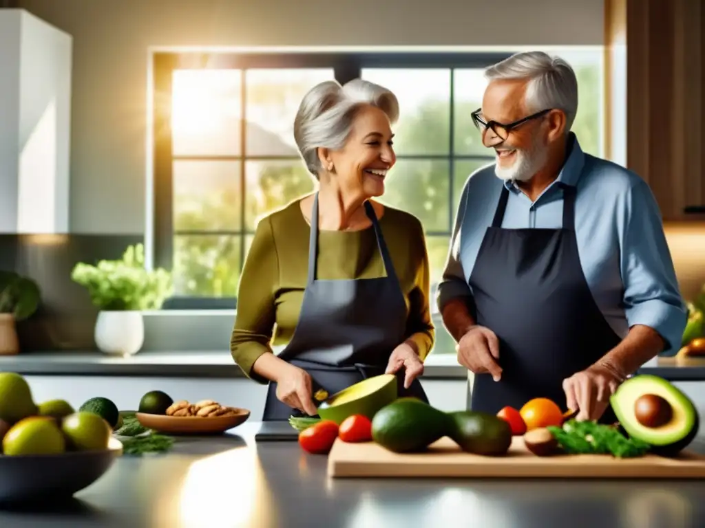 Una pareja mayor cocina felizmente juntos en una cocina moderna, rodeada de ingredientes saludables. (Tipos de grasas saludables para adultos mayores)
