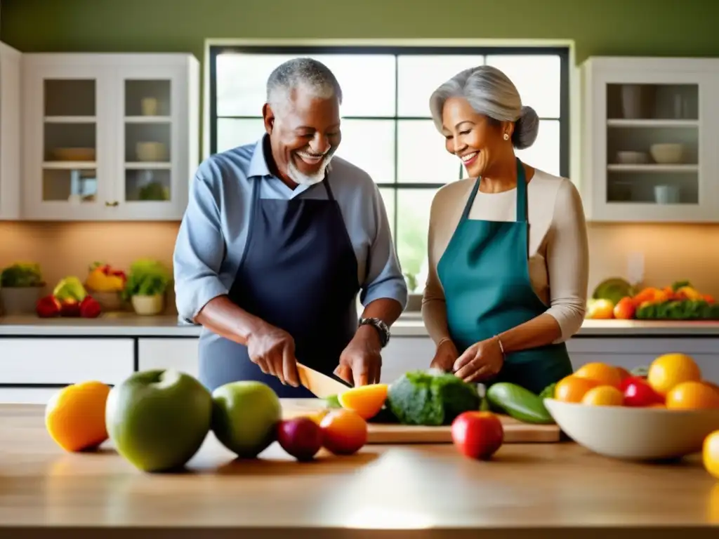 Una pareja mayor prepara una comida saludable juntos en una cocina moderna y serena, con frutas y verduras coloridas. <b>Plan alimentación saludable mayores riesgo enfermedad cardiovascular.