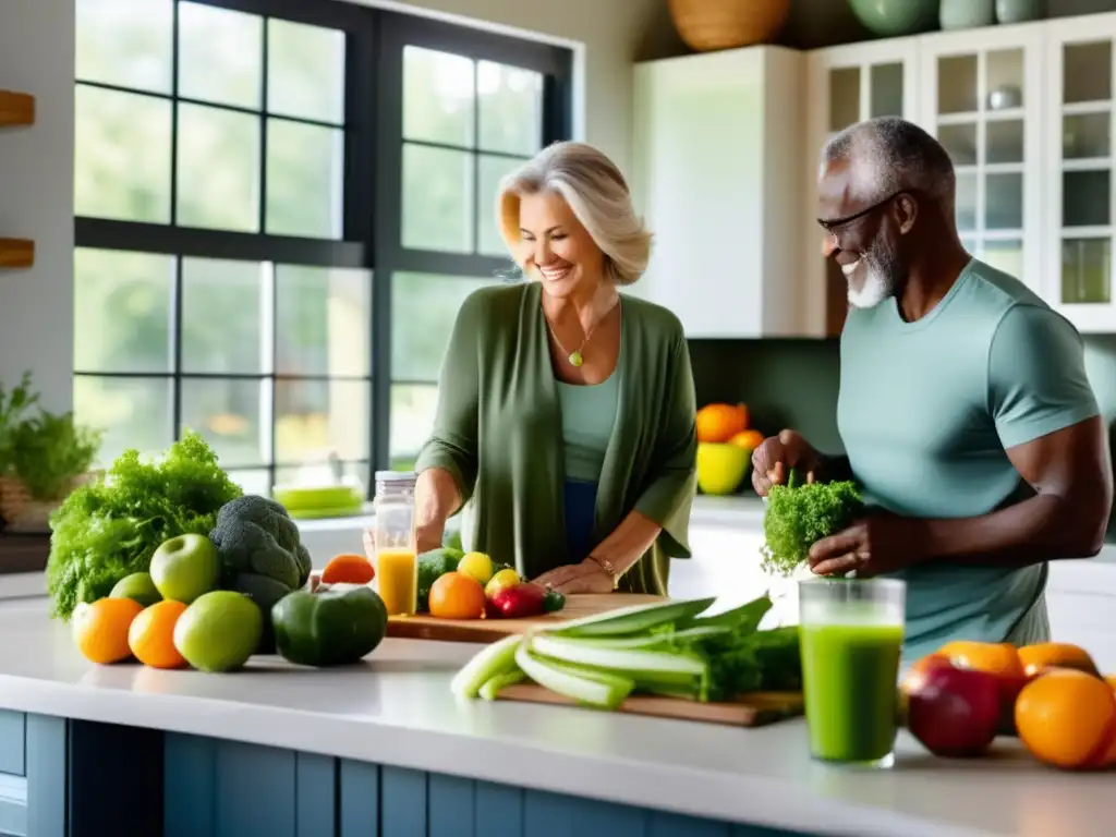 Una pareja mayor preparando una comida saludable con suplementos detox, rodeados de frutas y verduras coloridas en una cocina moderna y serena.