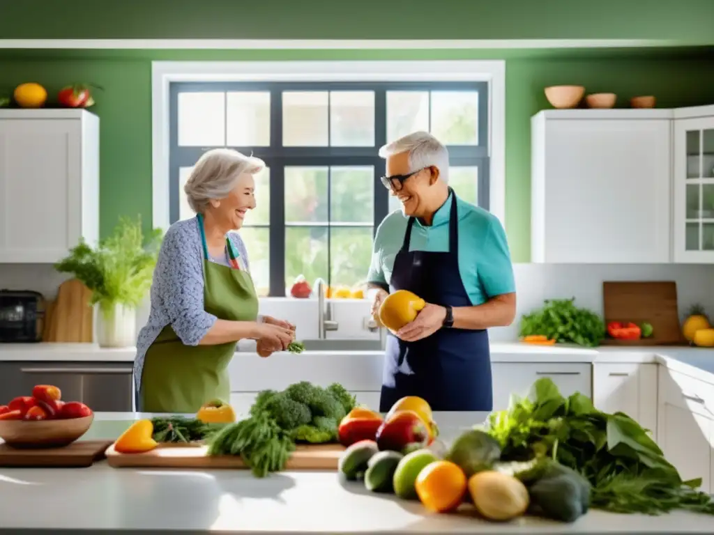 Una pareja mayor sonriente prepara juntos una comida saludable en una cocina moderna y luminosa. <b>Claves nutricionales tercera edad activa.