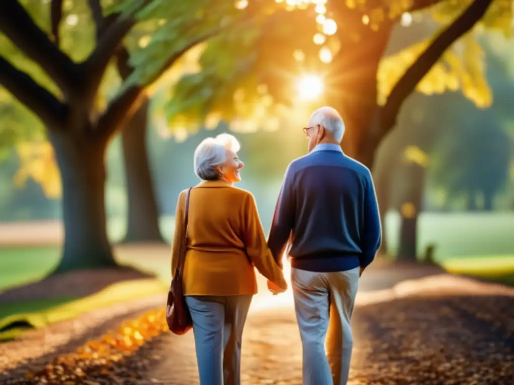 'Una pareja mayor camina sonriente por un sendero arbolado, irradiando vitalidad y bienestar. <b>Ideal para suplementos para salud cardiaca mayores.'