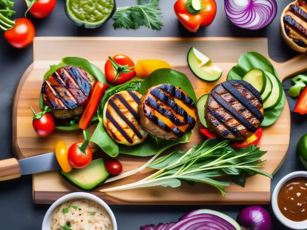 Una parrilla chisporroteante con una variedad de coloridas carnes y verduras a base de plantas cocinando, creando una exhibición apetitosa de opciones de barbacoa veganas y vegetarianas. Las marcas vibrantes en las hamburguesas, salchichas y verduras en brocheta mue