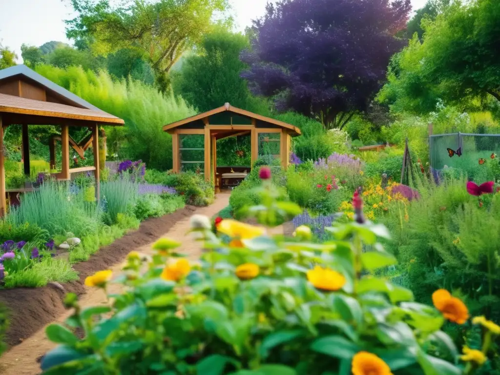 Un jardín de permacultura diverso y vibrante, con vegetación exuberante, flores coloridas y frutas y verduras intercaladas en un ecosistema armonioso y sostenible. Las abejas y mariposas revolotean entre las flores, mientras el sol crea un escenario pintoresco