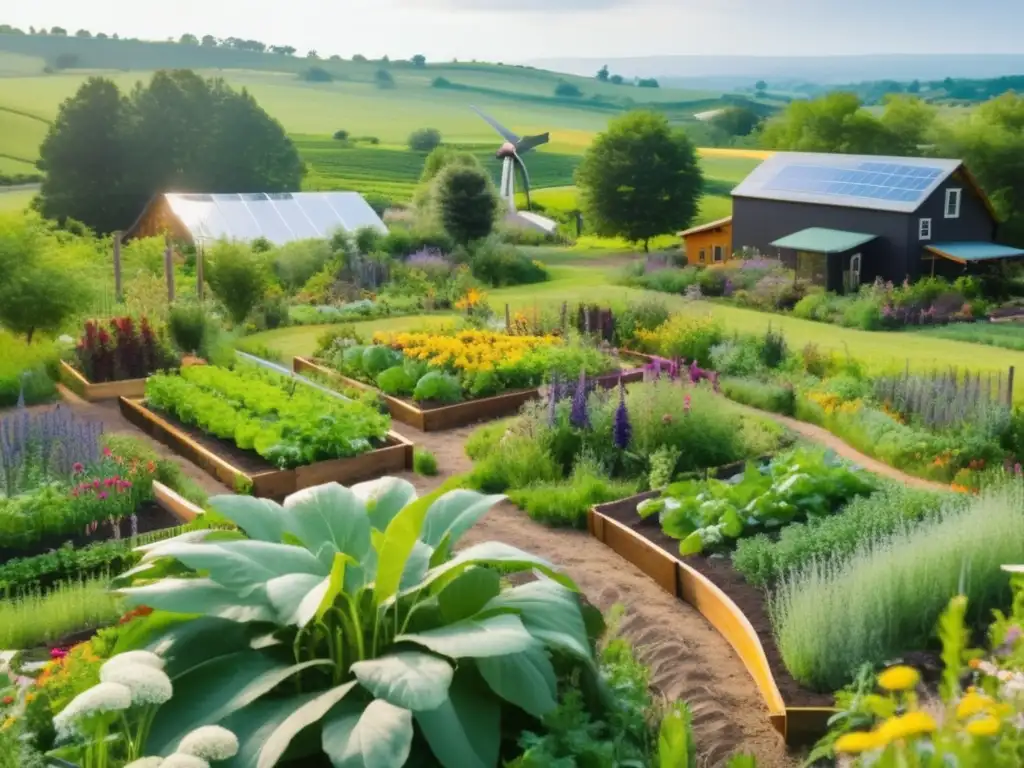 Un jardín de permacultura exuberante con cultivos vibrantes y diversos, en armonía con la naturaleza. <b>Permacultura para alimentación sostenible.