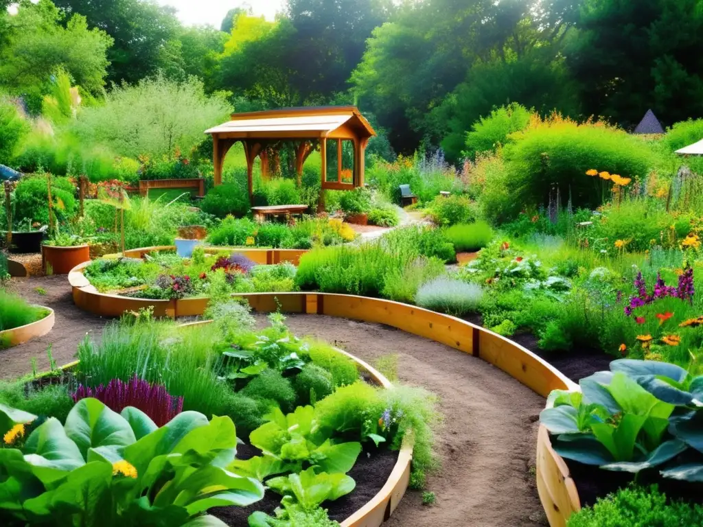 Un jardín de permacultura exuberante con frutas, verduras y hierbas vibrantes y diversas. <b>Diseño meticuloso, senderos sinuosos y policultivo.</b> Abejas y mariposas revolotean entre las flores, con un pequeño arroyo burbujeante que brinda vida a las plant