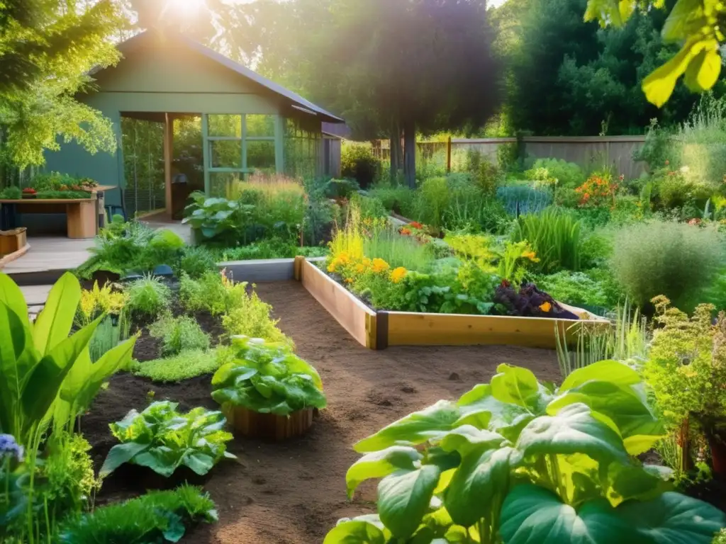 Un jardín de permacultura exuberante y vibrante, con una diversidad de vegetales, frutas y hierbas en un diseño armonioso y sostenible. Incluye camas elevadas, un estanque con plantas acuáticas, árboles frutales y flores que atraen poliniz