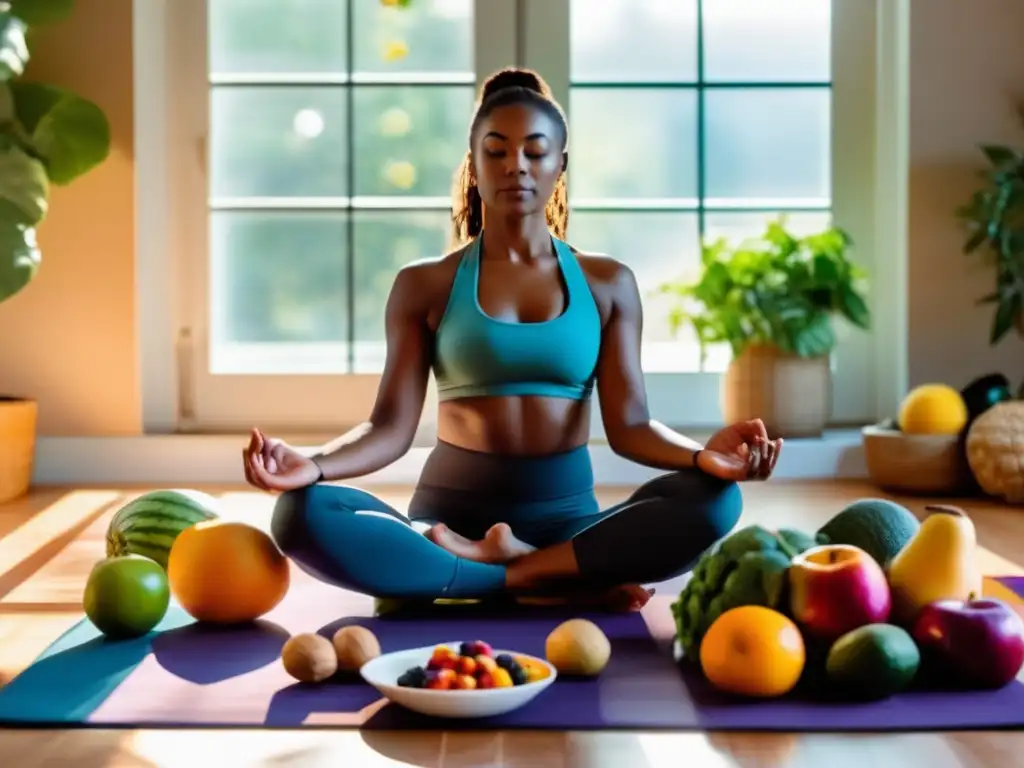 Una persona preparando una comida consciente y saludable rodeada de frutas, nueces y verduras coloridas, emitiendo calma y enfoque.