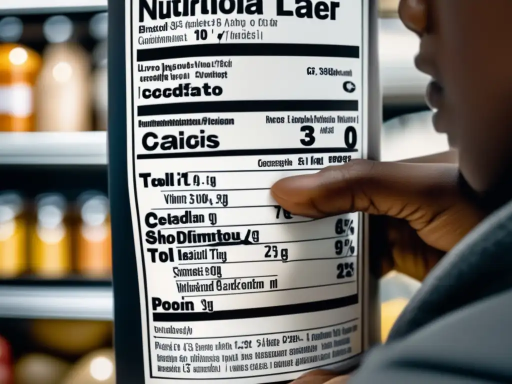 Una persona concentradamente lee la etiqueta nutricional de un producto, mostrando su enfoque en la nutrigenómica revolución alimentación saludable.
