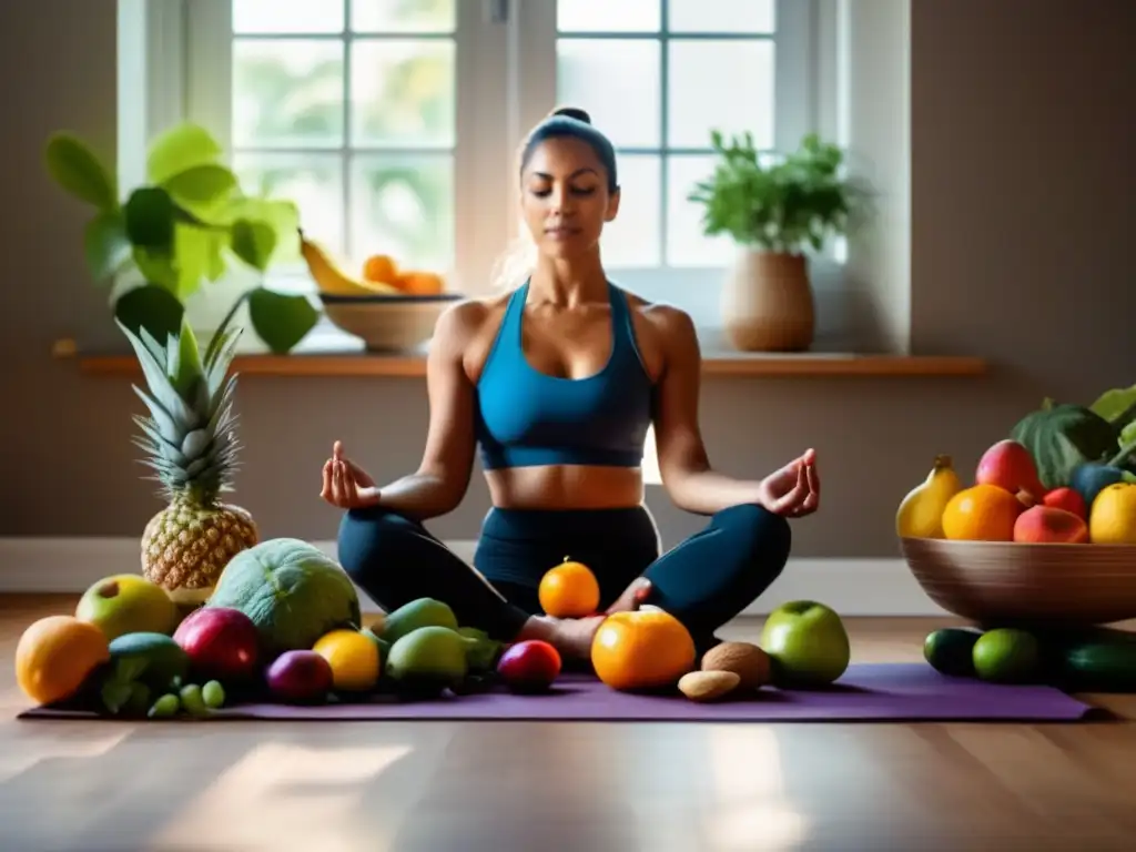 Una persona practica alimentación consciente para bienestar físico con frutas, verduras y frutos secos en un entorno sereno y luminoso.