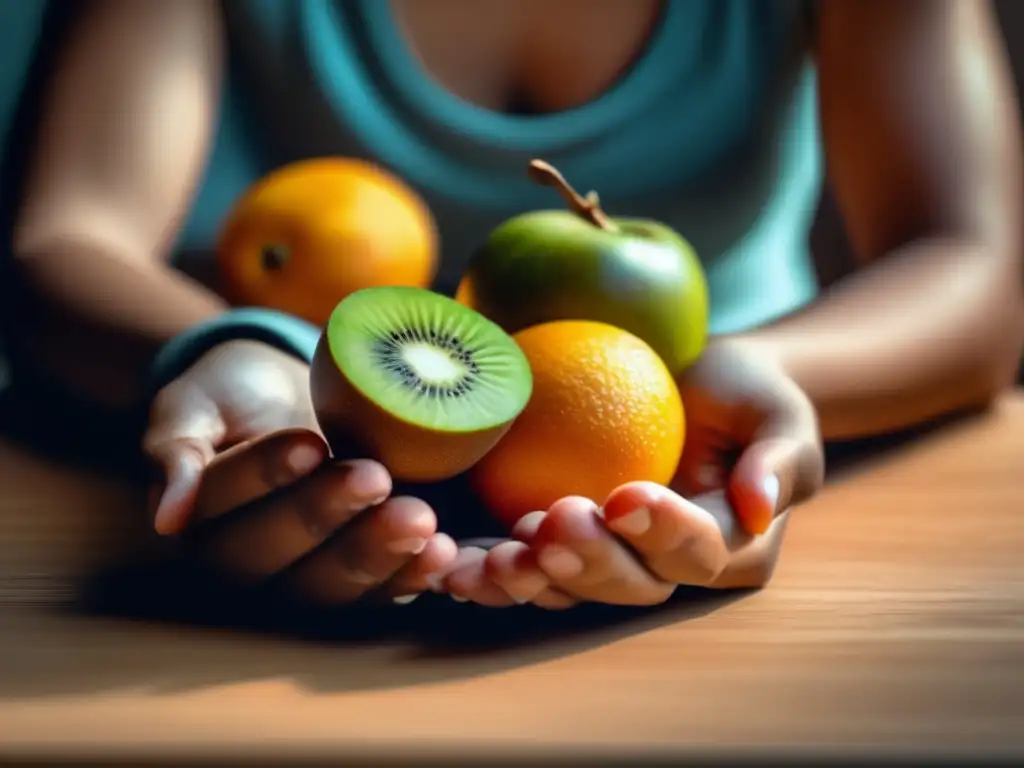 'Persona practicando masticación consciente para una alimentación saludable, con fruta en mano y expresión serena'.