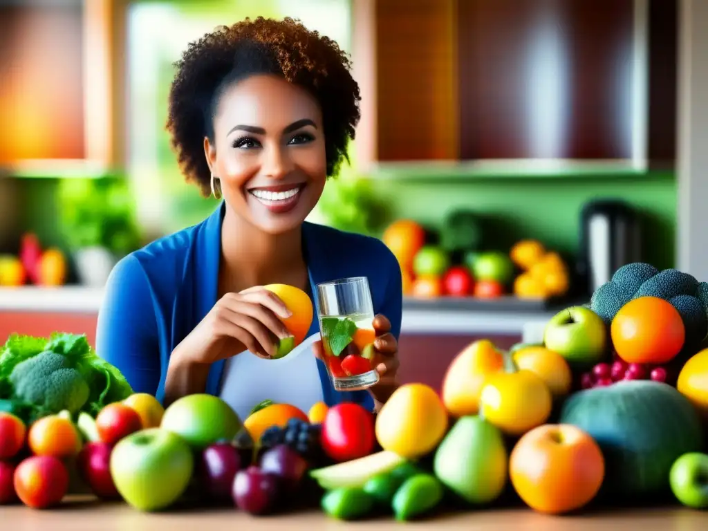 Una persona con diabetes sonriendo, sosteniendo un vaso de agua con frutas y verduras coloridas en el fondo. <b>Ejemplifica la importancia de la hidratación y una dieta equilibrada.</b> Mejores bebidas para diabéticos.