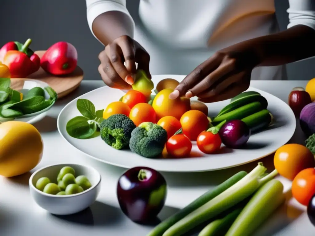 Una persona organiza con esmero una variedad de frutas y verduras frescas en un elegante plato blanco, mostrando la precisión y cuidado en la preparación de alimentos saludables. <b>Consecuencias de la ortorexia alimentaria.