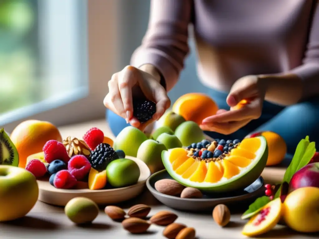 Una persona disfruta de estrategias mindfulness con un festín de snacks saludables, creando una escena vibrante y apetitosa.