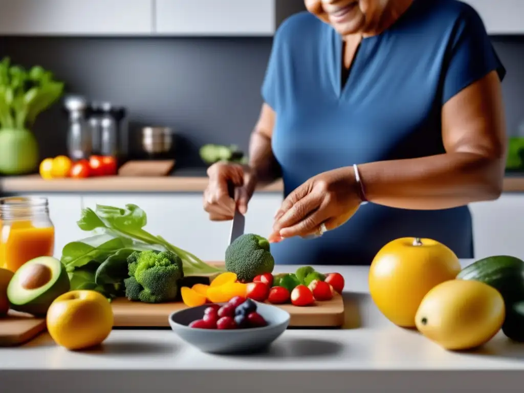 Una persona mayor con diabetes tipo 2 prepara con cuidado una comida equilibrada y colorida en una cocina moderna. <b>La atmósfera transmite intencionalidad y atención plena en las elecciones alimenticias.</b> <b>Guía nutricional para controlar diabetes tipo 2.