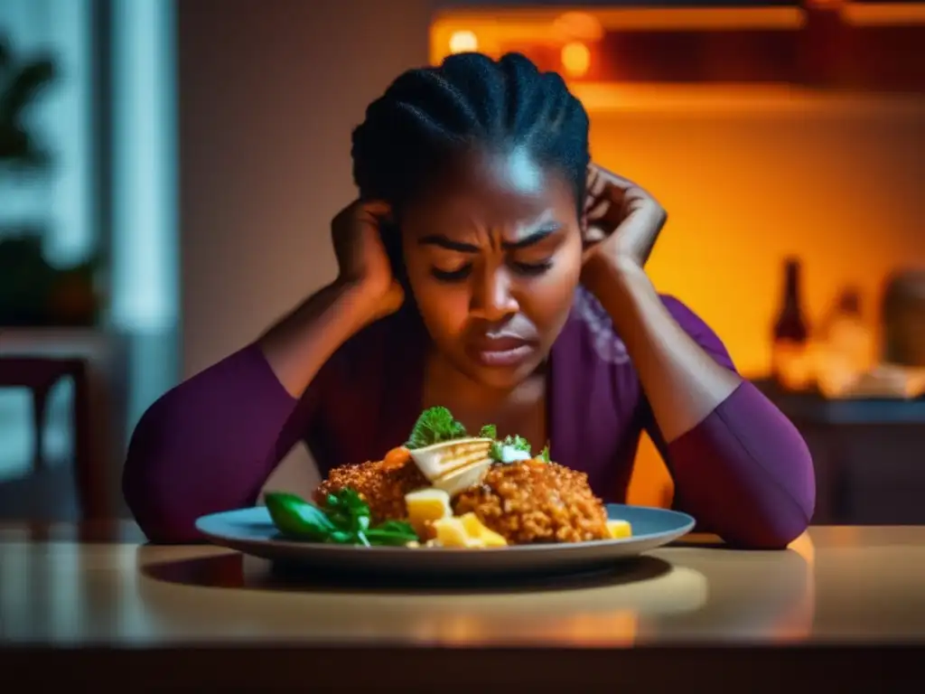 Una persona con mirada intensa y llena de emoción frente a un plato de comida, transmitiendo la lucha y las complejas emociones de superar adicción comida conexión emocional.