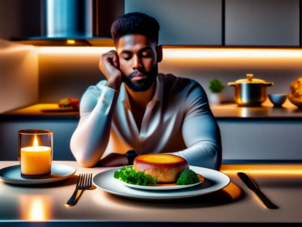 Persona reflexiva en cocina moderna, observando reloj frente a plato de comida. <b>Tema: Ayuno intermitente comparativa métodos resultados.