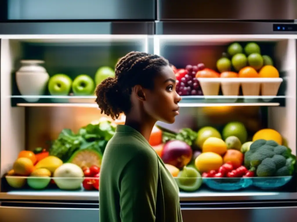 Una persona reflexiva frente a la nevera, rodeada de alimentos saludables, en una atmósfera calmada. <b>Estrategias para romper ciclo comer emocional.