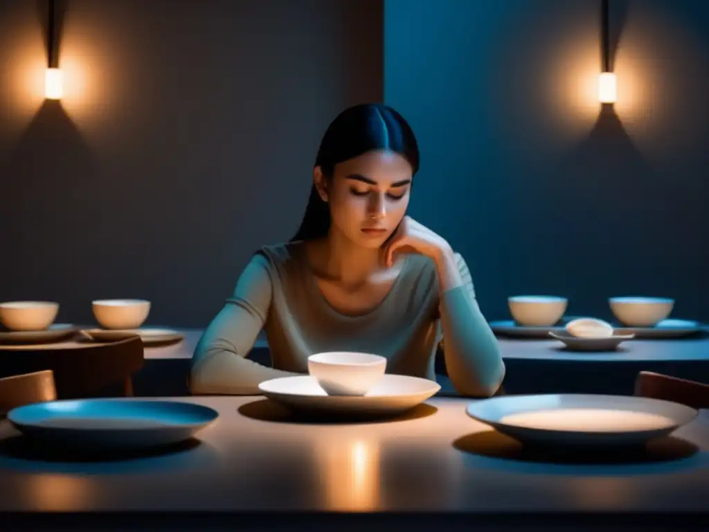 Una persona reflexiva en una mesa con platos vacíos. <b>La atmósfera evoca soledad e introspección.</b> 'Consejos para romper ciclo alimentación emocional'